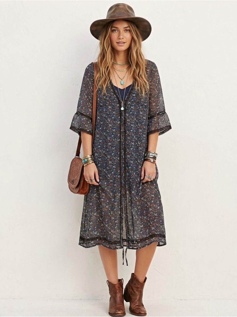 Boho Cottagecore Ditzy Floral Sheer Dress Crochet Goblincore Earthy Feminine